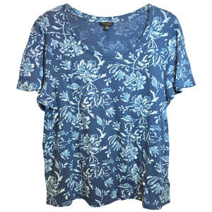 Lucky Brand Flutter Sleeve Floral Tee Womens Sz XL Blue Short Sleeve Scoop Neck